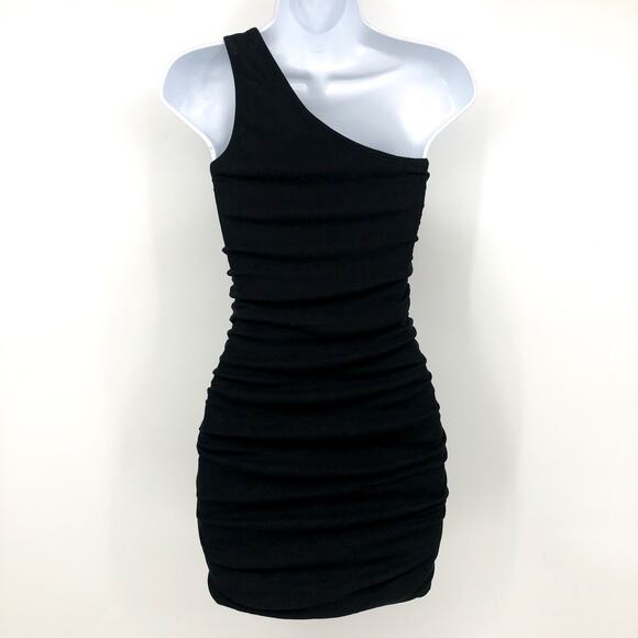 L*SPACE Women's Alana Mini Dress Medium Black One Shoulder Ruched NWT - Picture 7 of 14